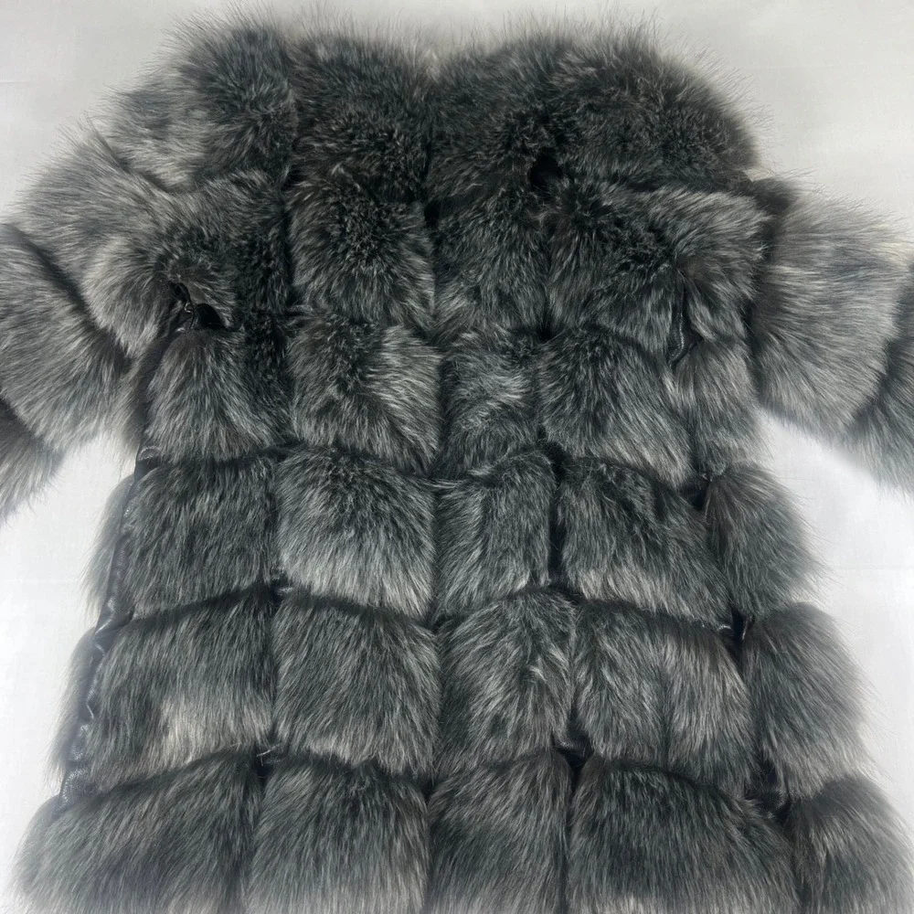 Fanpugizhen Faux Fur Coat Silver Grey Tiered Paneled Glam Jacket Medium